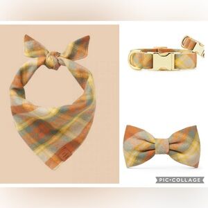 NWOT The Foggy Dog Harvest Plaid Flannel Dog Bandana, Collar, + Bow Tie Large
